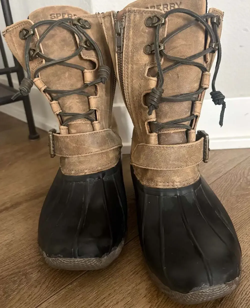 Sperry Saltwater Duck Boots Women’s 8 Tan Leather Waterproof Plaid Cuff Zip Lac